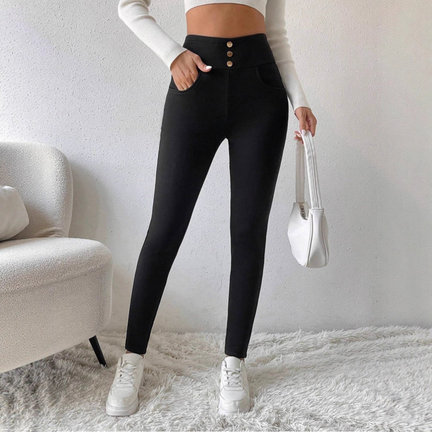 Cashmere Warm Leggings Women High Waist Fastener Decoration Outer Wear Thick Fleece Lined Trousers Autumn Winter