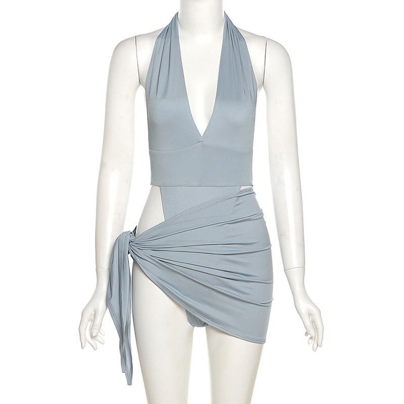 Summer Women Clothing Sexy V-neck Backless Bodysuit Hip Two-piece Skirt Outfit Women