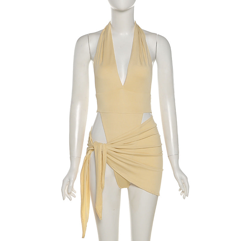 Summer Women Clothing Sexy V-neck Backless Bodysuit Hip Two-piece Skirt Outfit Women