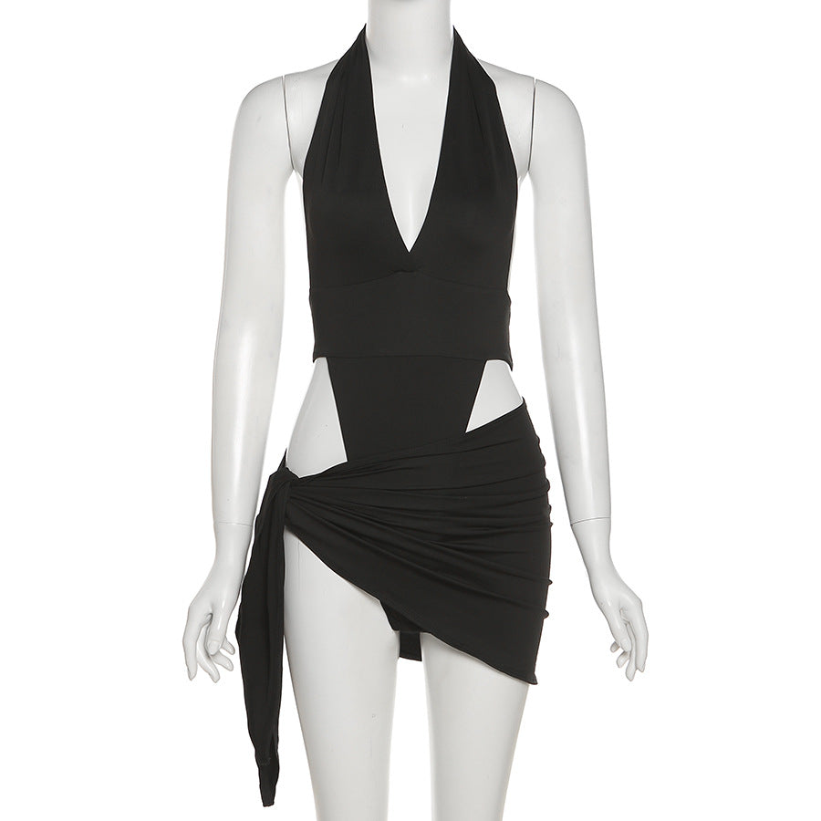 Summer Women Clothing Sexy V-neck Backless Bodysuit Hip Two-piece Skirt Outfit Women