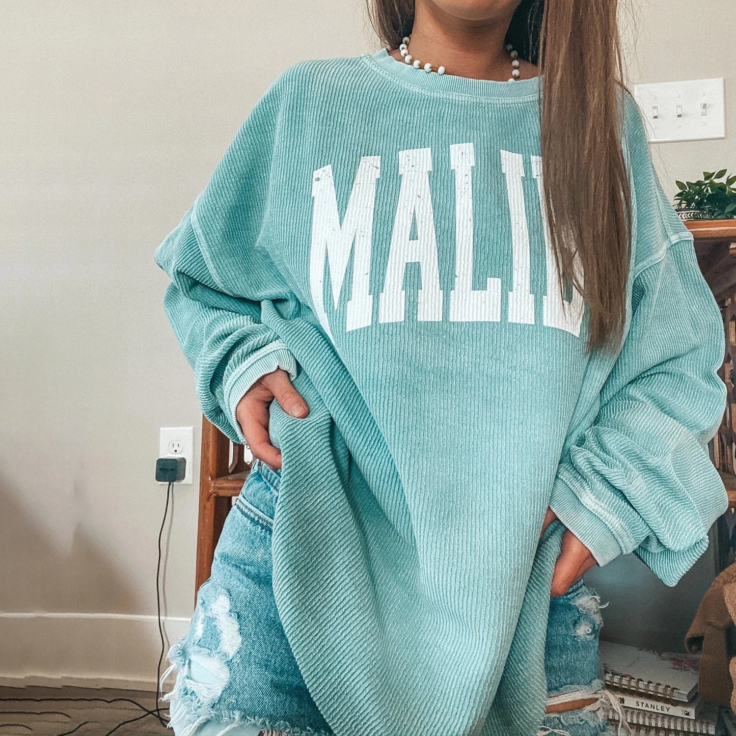 Women Loose Sunken Stripe Printed Blue Women Sweatshirt