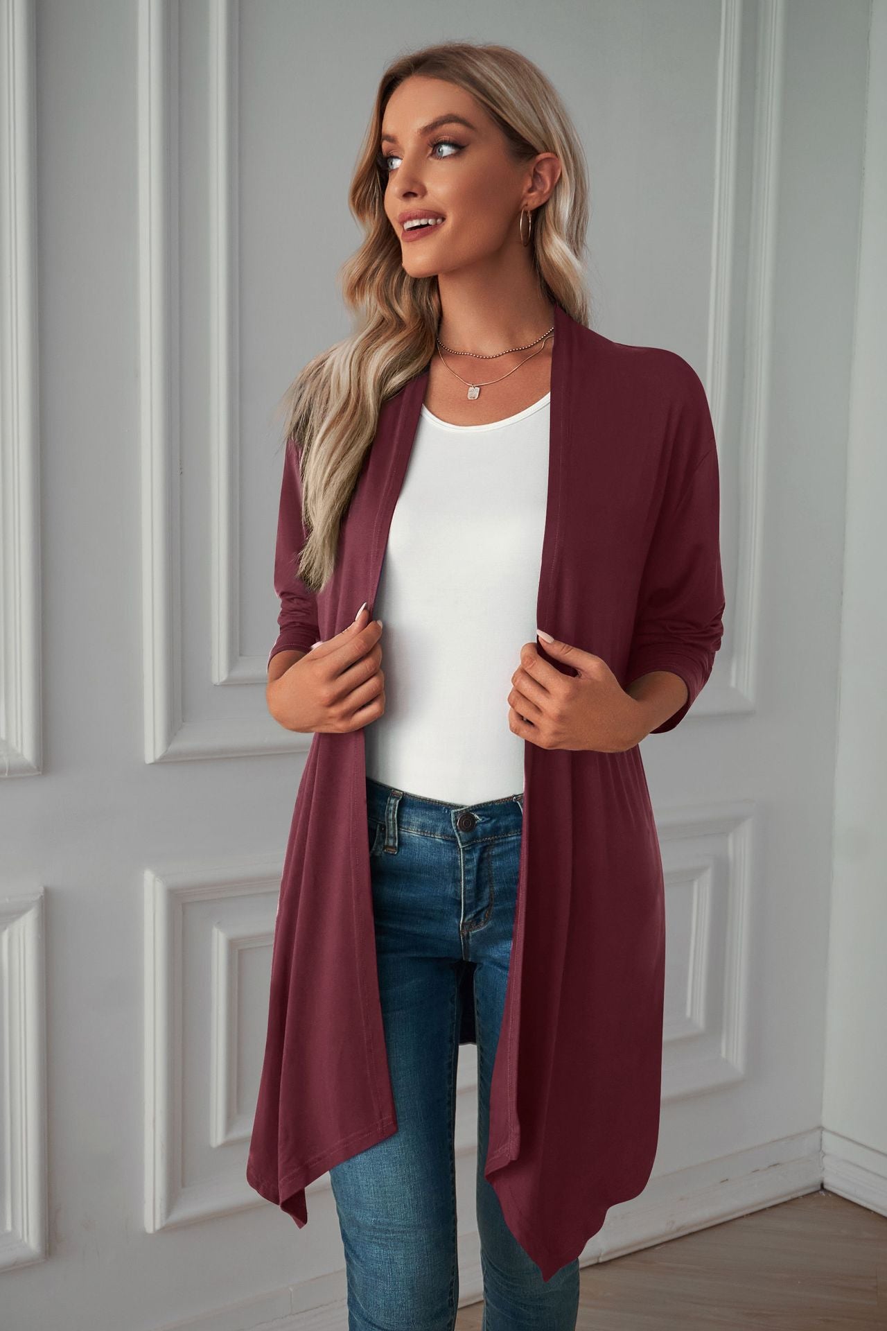 Women Clothing Autumn Solid Color Long Sleeve Long Women Cardigan