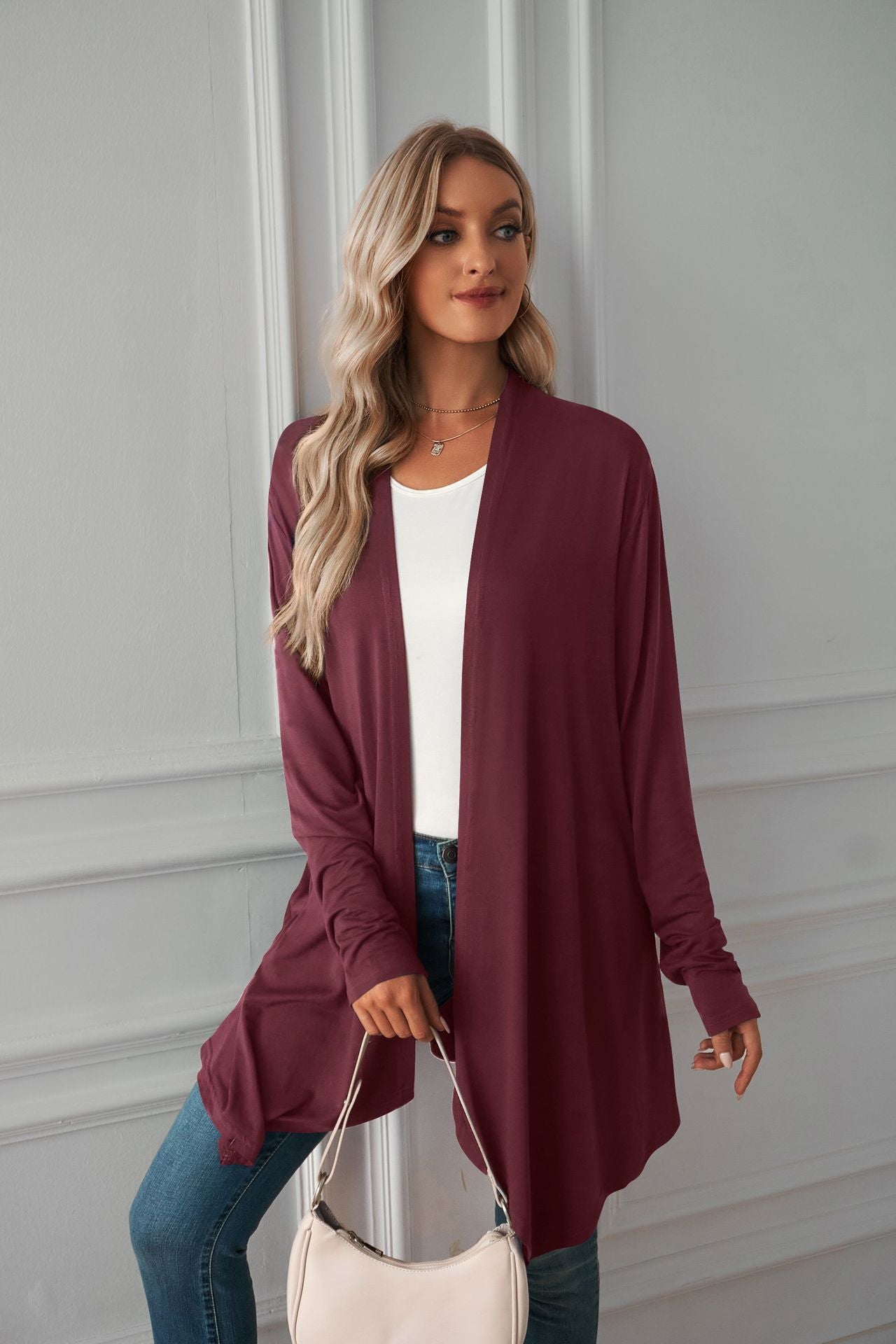 Women Clothing Autumn Solid Color Long Sleeve Long Women Cardigan