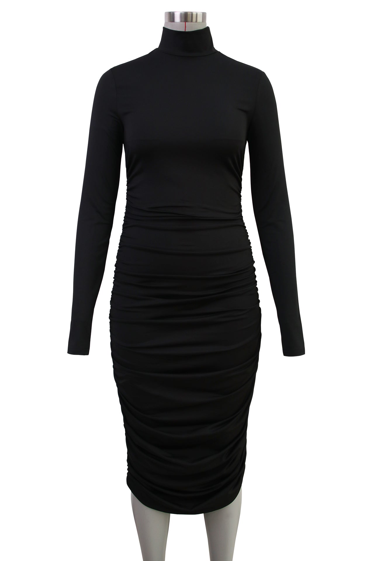 Turtleneck Pleated Nipped Waist Slimming Mid Length One Step Dress Fashionable Autumn Elegant Hip Lifting Long Sleeve Dress