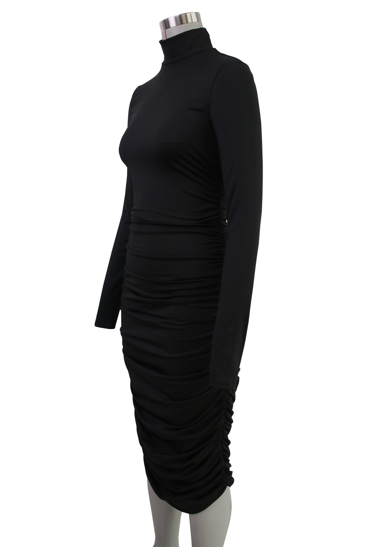 Turtleneck Pleated Nipped Waist Slimming Mid Length One Step Dress Fashionable Autumn Elegant Hip Lifting Long Sleeve Dress