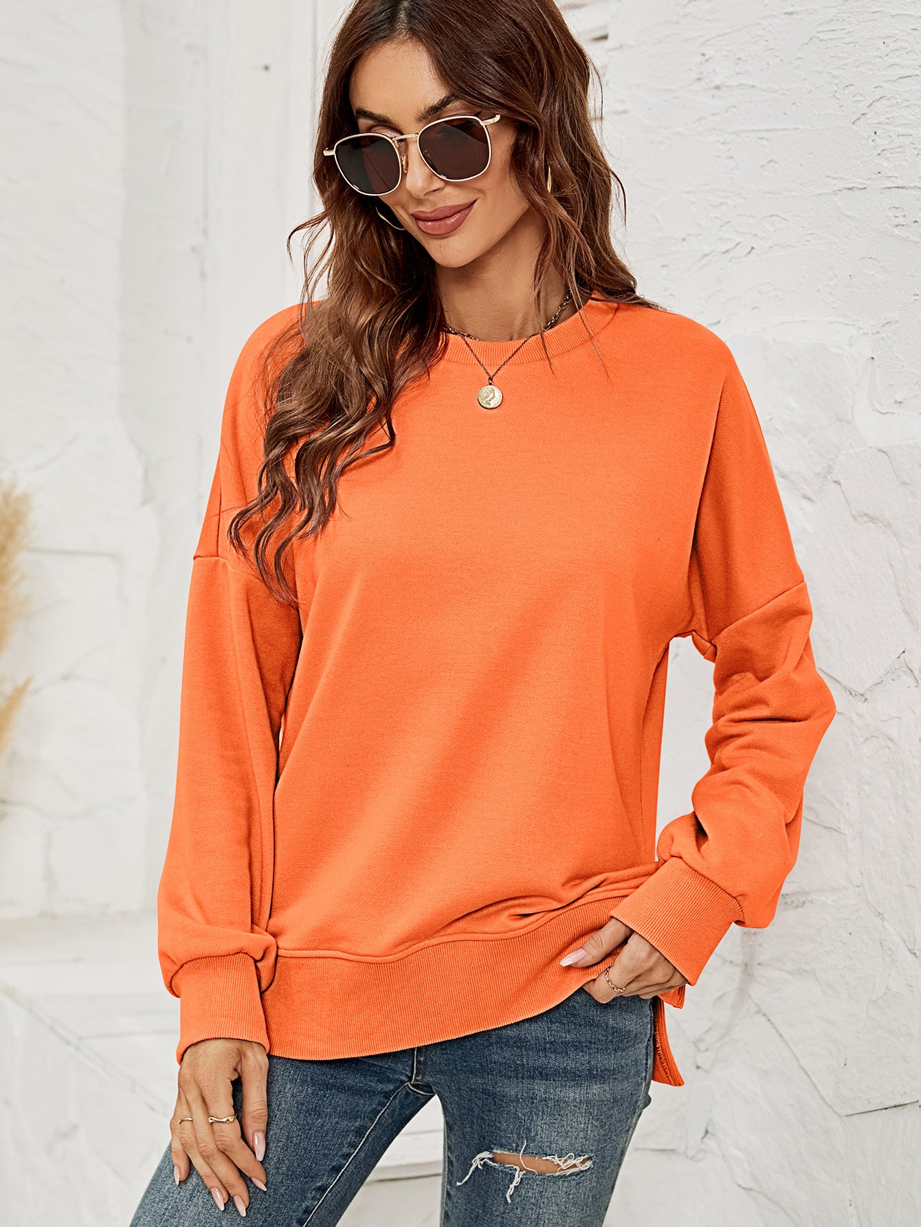 Women Clothing Autumn Winter Sweatshirt round Neck Long Sleeve Split Pullover for Women