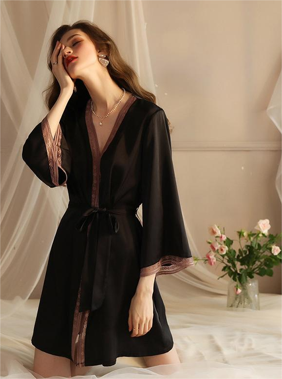 Seduction Sexy Pajamas Women Ice Silk Robe Sexy Bathrobe Long Sleeve Silk Lace Pajamas Homewear