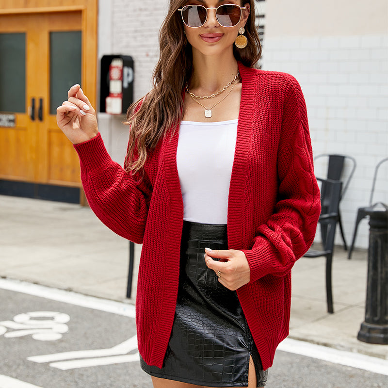 Solid Color Series Twist Mid Length Knitted Casual Sweater Coat Women Cardigan