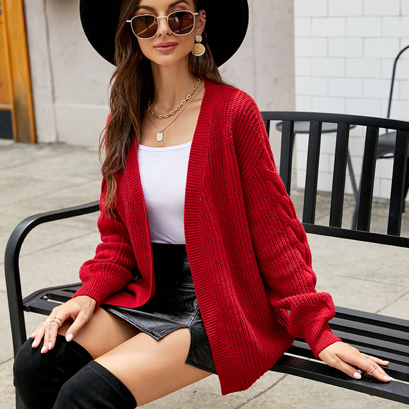 Solid Color Series Twist Mid Length Knitted Casual Sweater Coat Women Cardigan