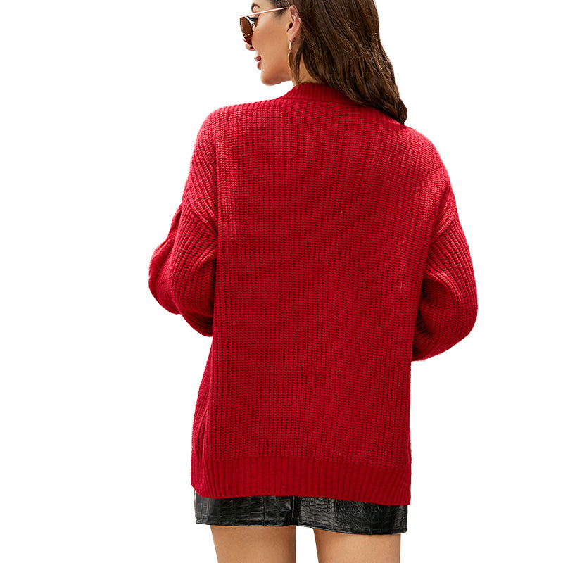 Solid Color Series Twist Mid Length Knitted Casual Sweater Coat Women Cardigan