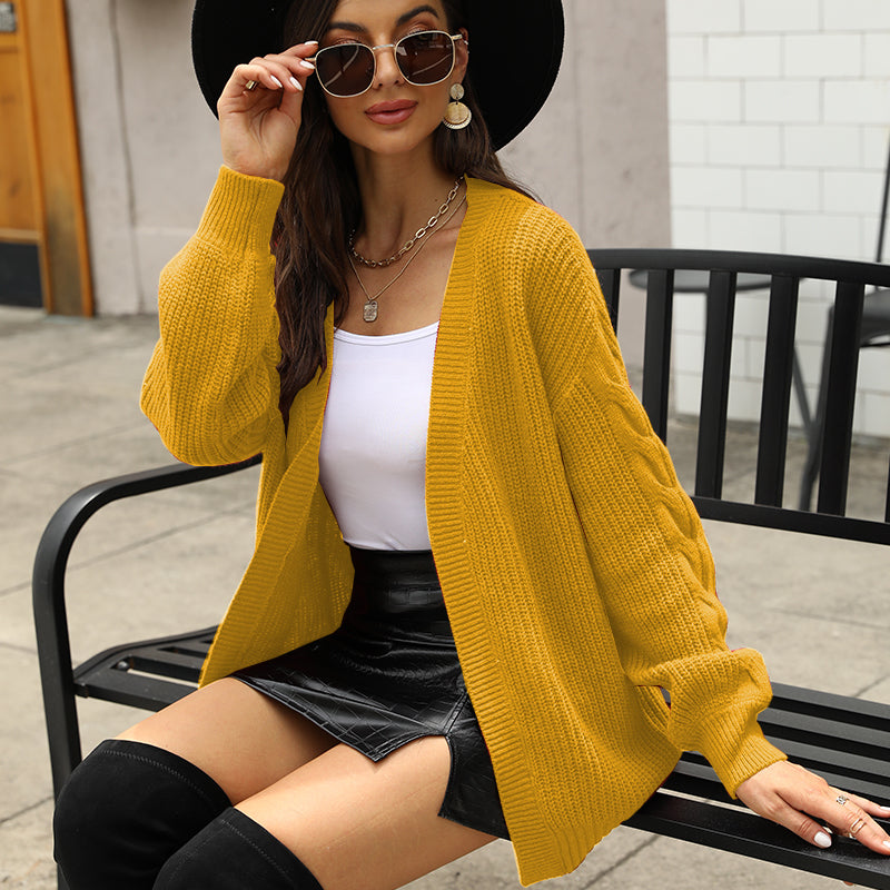 Solid Color Series Twist Mid Length Knitted Casual Sweater Coat Women Cardigan