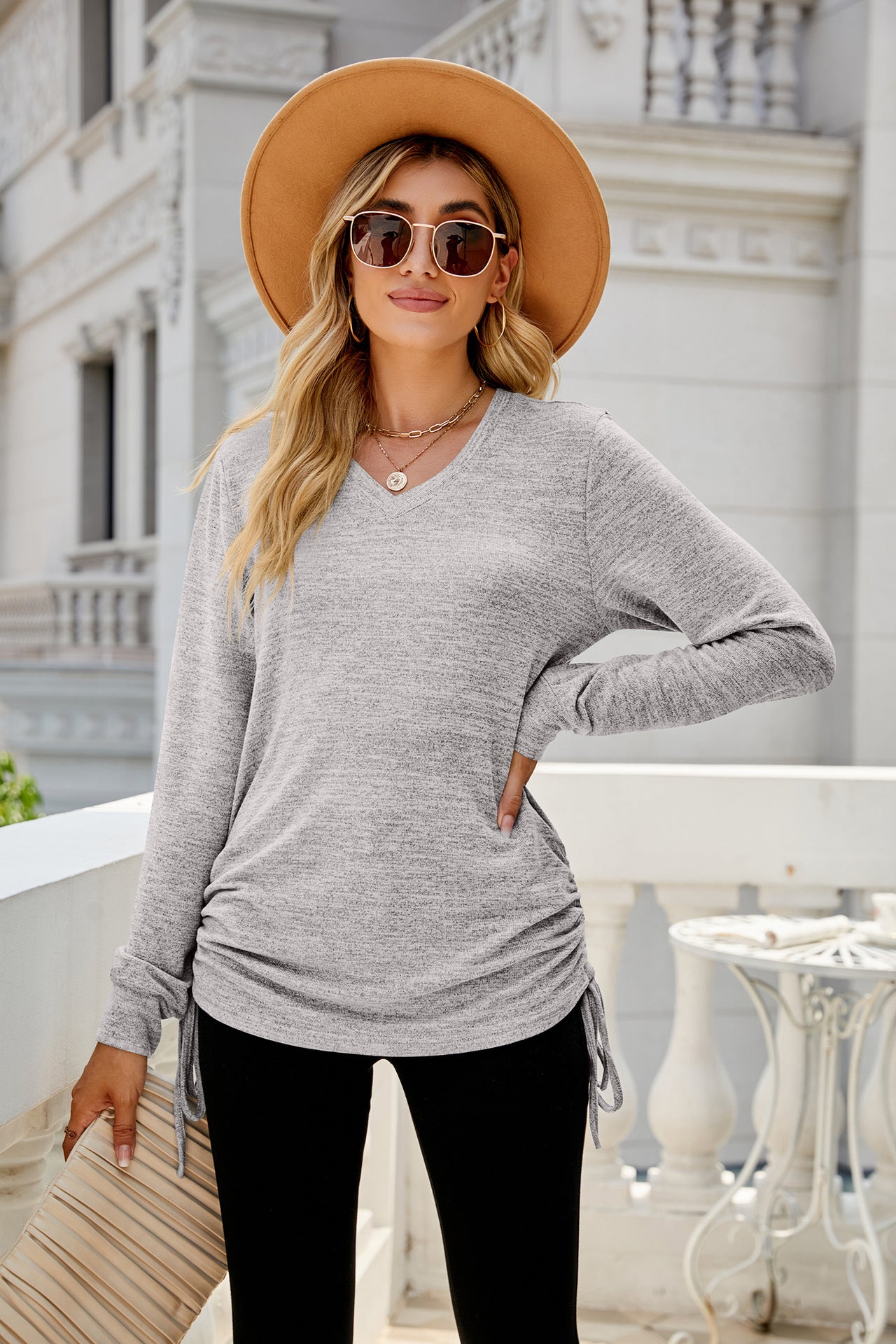Autumn Winter Solid Color Long Sleeve V Neck Pleating Loose Itting T Shirt Top Ladies