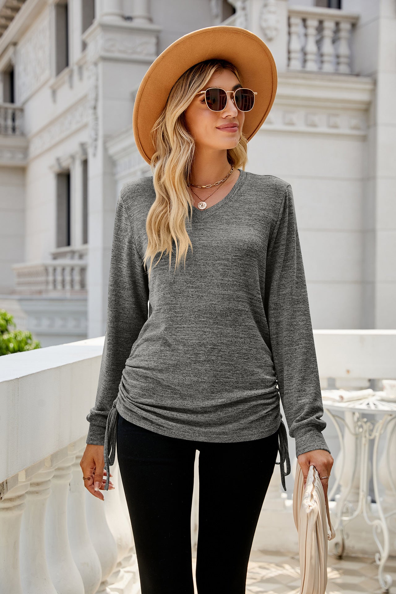 Autumn Winter Solid Color Long Sleeve V Neck Pleating Loose Itting T Shirt Top Ladies