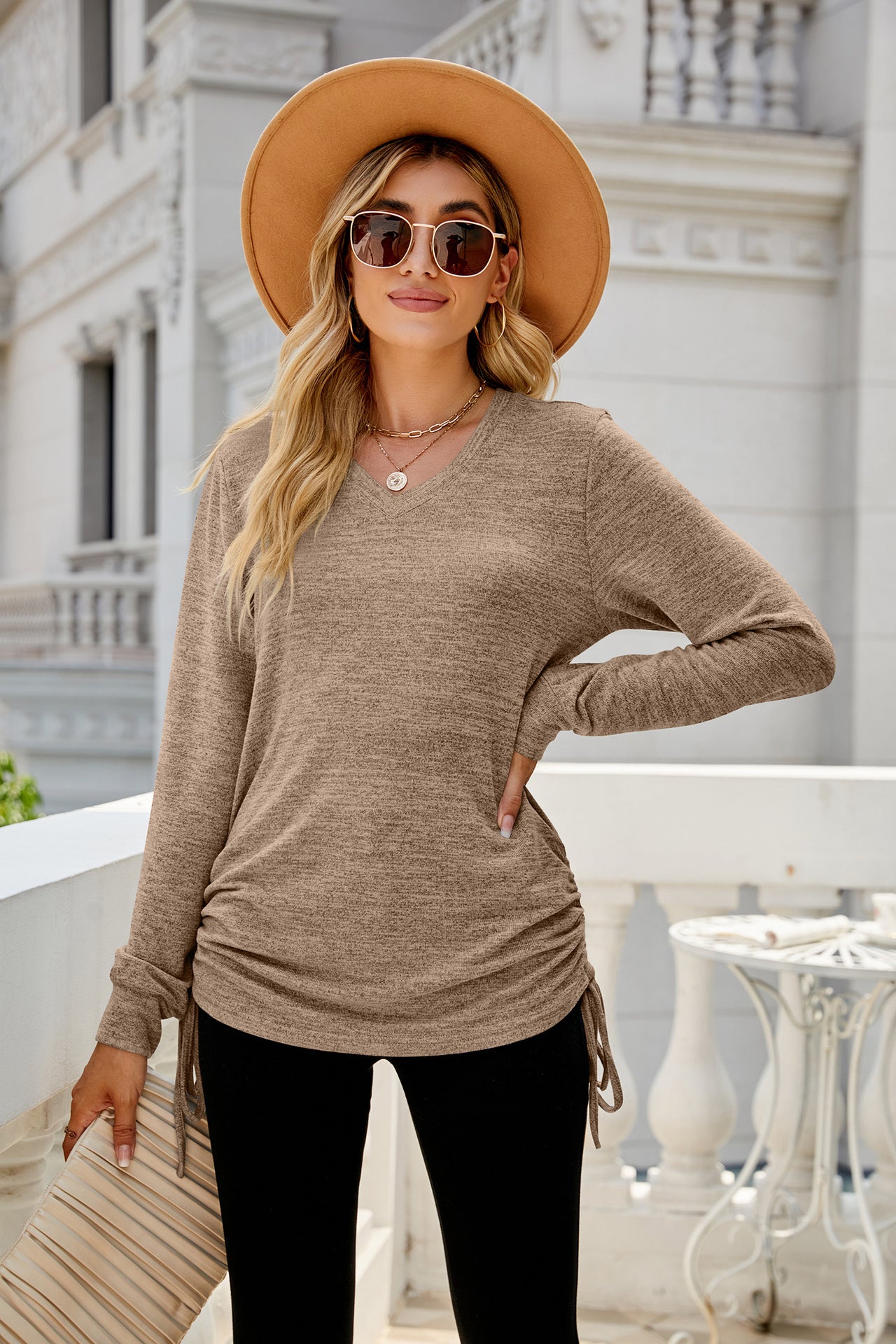 Autumn Winter Solid Color Long Sleeve V Neck Pleating Loose Itting T Shirt Top Ladies