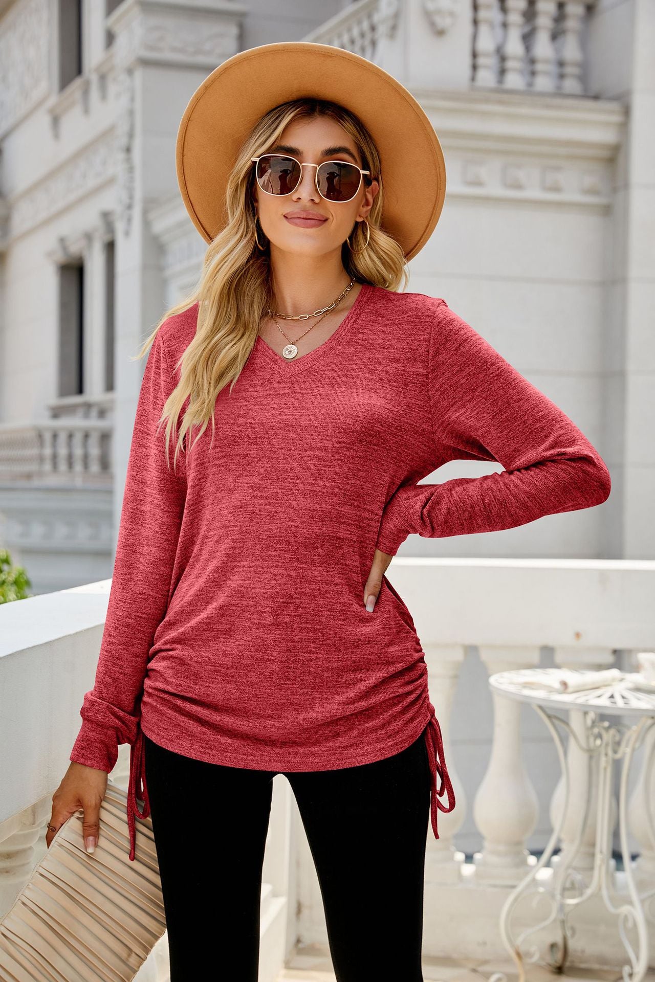 Autumn Winter Solid Color Long Sleeve V Neck Pleating Loose Itting T Shirt Top Ladies