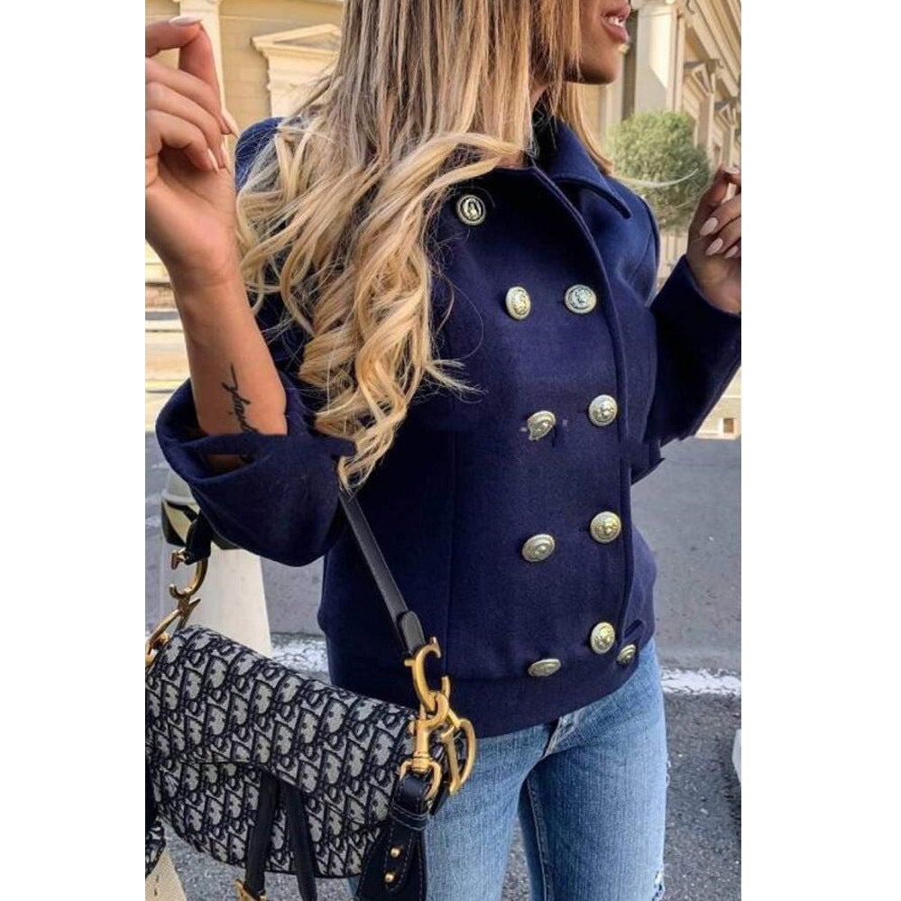 Fall Winter Slim Long Sleeve Double Breasted Collar Woolen Jacket