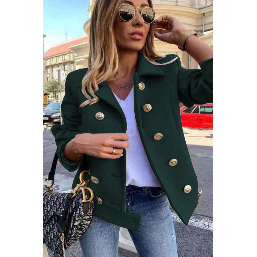 Fall Winter Slim Long Sleeve Double Breasted Collar Woolen Jacket