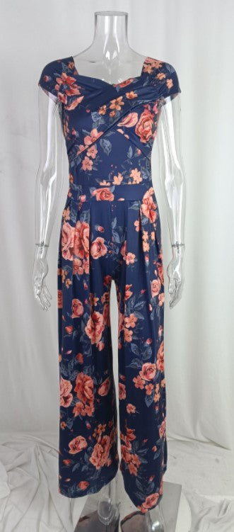 Spring Autumn Women Clothing off Shoulder Printing Office Printed Waist Controlled Jumpsuit