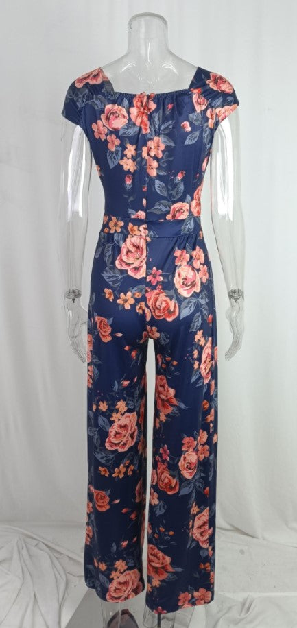 Spring Autumn Women Clothing off Shoulder Printing Office Printed Waist Controlled Jumpsuit