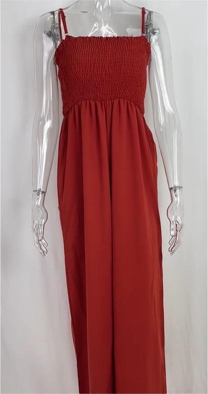 Women Clothing Solid Color Sling Pleating Casual Office High Waist Jumpsuit