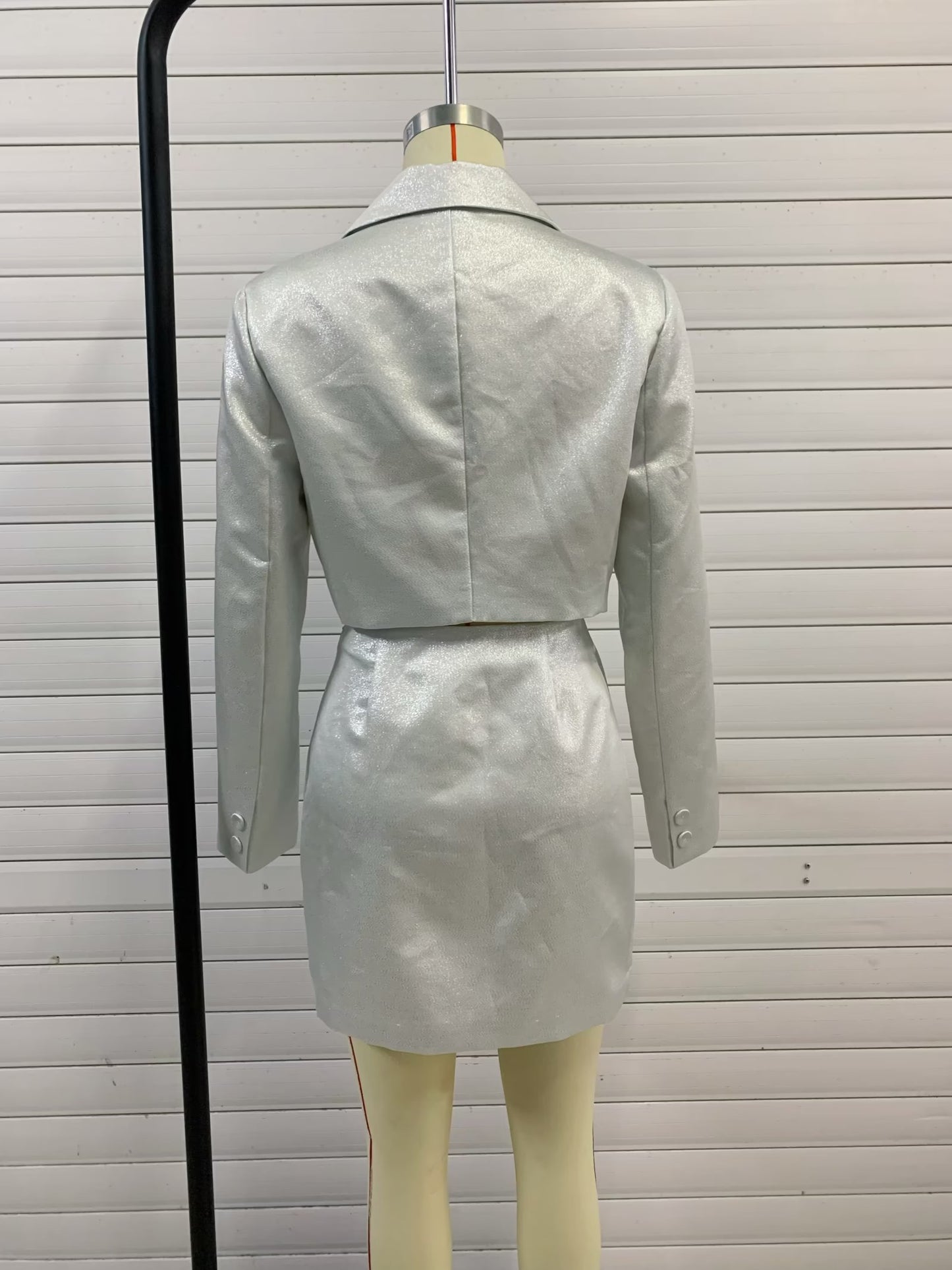 Autumn Winter Glossy Short Blazer Glossy Mini Skirt Mid Length Skirt Set