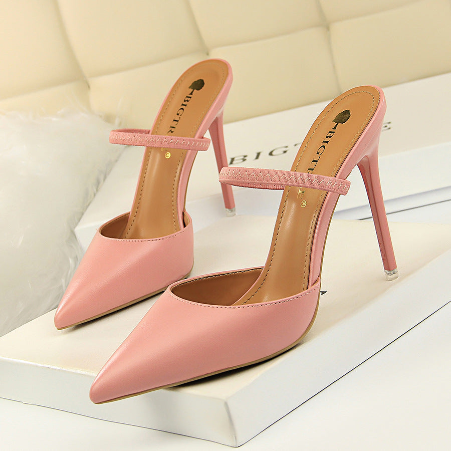 Simple Closed Toe Slippers Stiletto Heel Shallow Mouth Pointed Toe Hollow Out Cutout out Strap Women Slippers