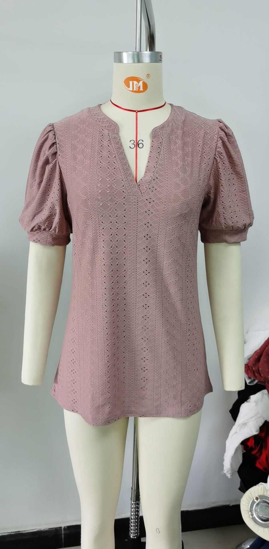 Summer Casual V Neck Solid Color Hollow Out Cutout Puff Sleeve Loose Fitting T Shirt Top Women