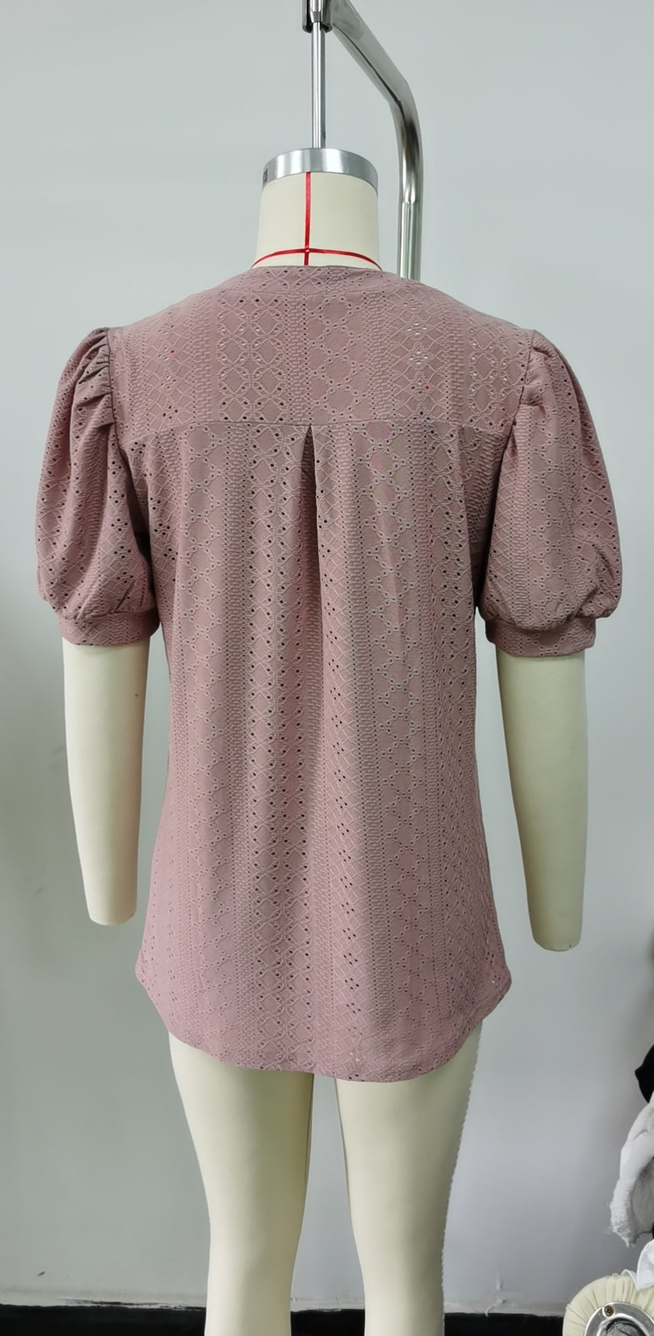 Summer Casual V Neck Solid Color Hollow Out Cutout Puff Sleeve Loose Fitting T Shirt Top Women