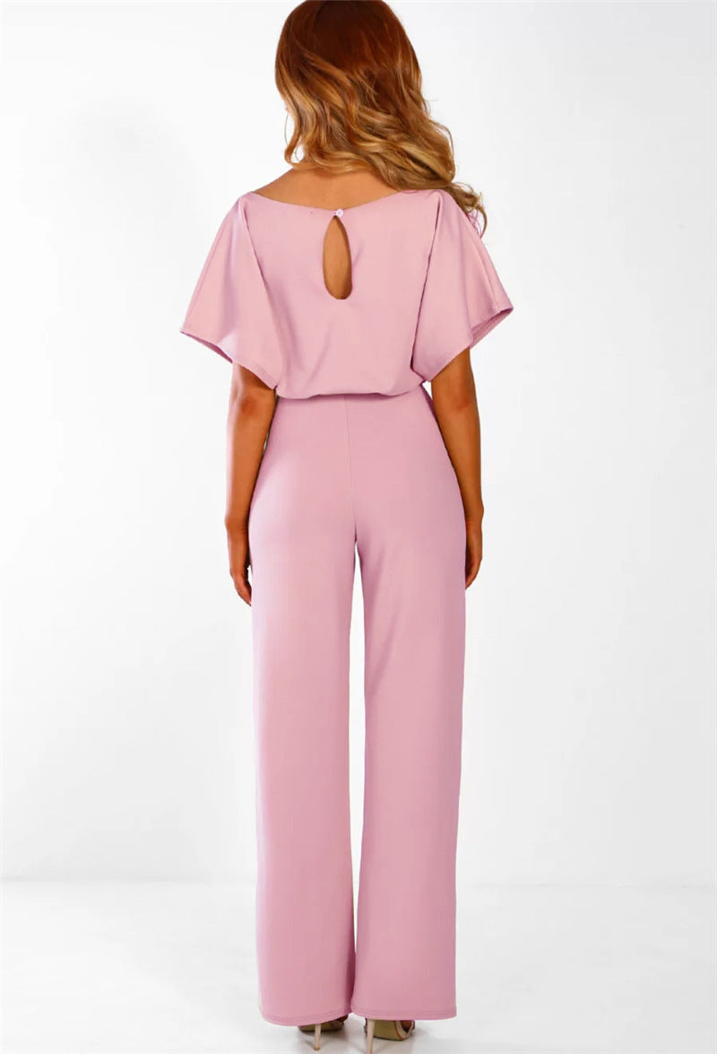 Women Clothing Summer Button Lace-up Short Sleeved Jumpsuit