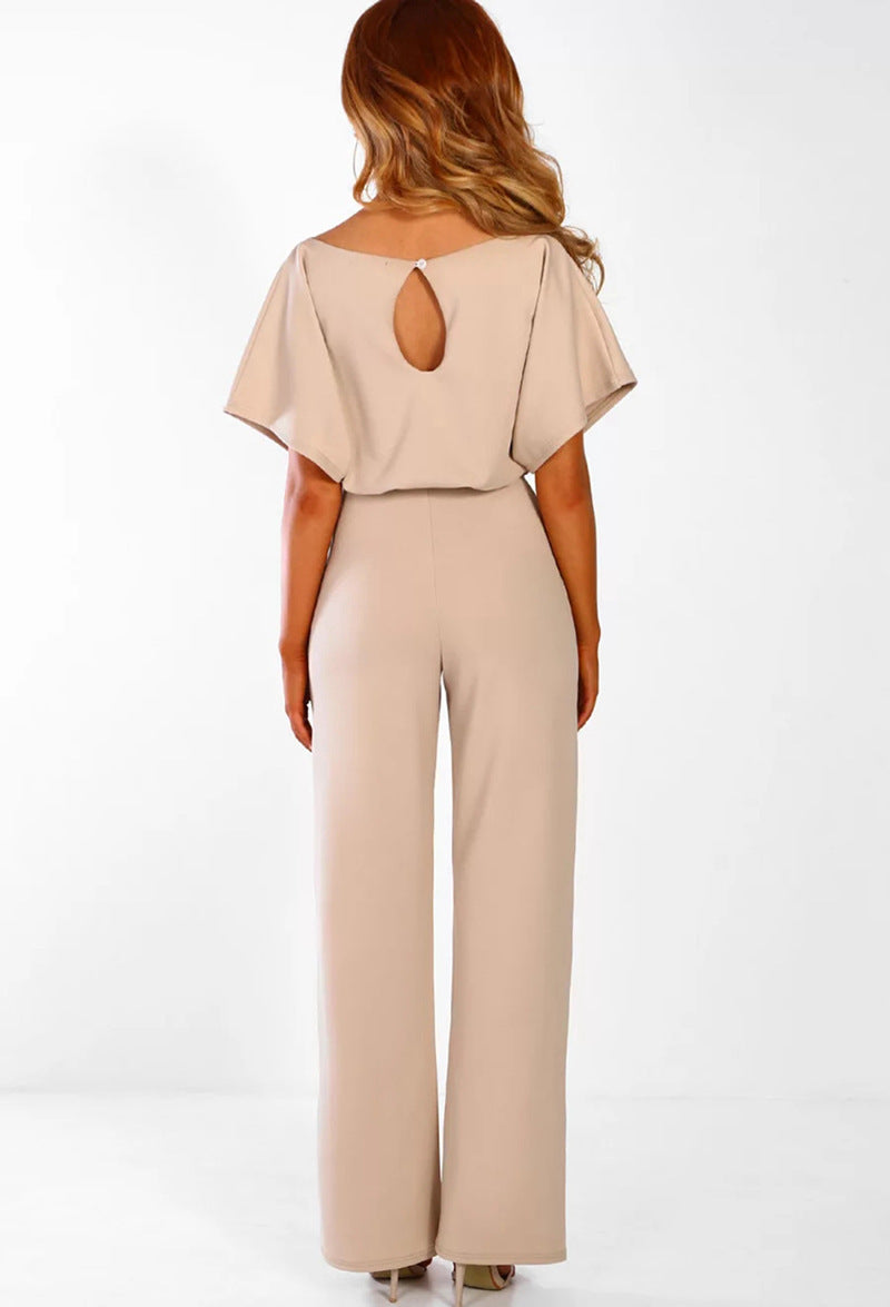 Women Clothing Summer Button Lace-up Short Sleeved Jumpsuit
