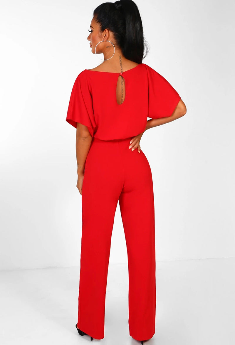 Women Clothing Summer Button Lace-up Short Sleeved Jumpsuit