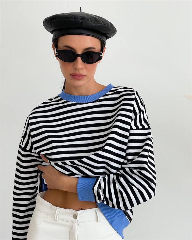 Simple Striped Color Contrast Long Sleeve T shirt Women Street Trendy Clothes Loose Fitting Casual round Neck Top Thin Sweatshirt