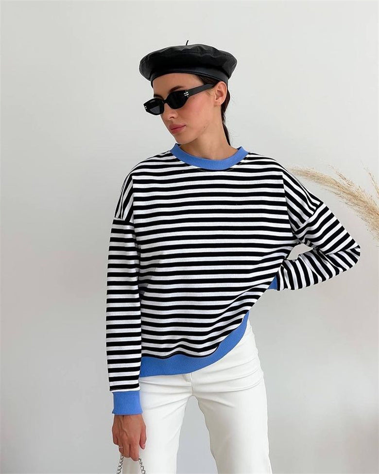 Simple Striped Color Contrast Long Sleeve T shirt Women Street Trendy Clothes Loose Fitting Casual round Neck Top Thin Sweatshirt