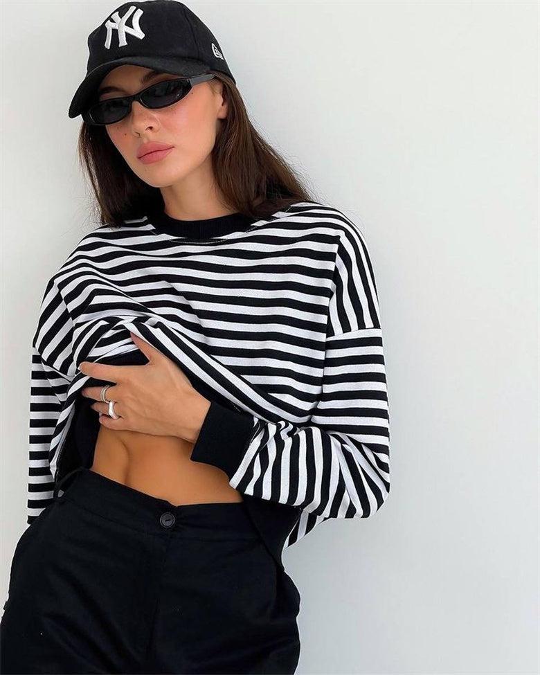 Simple Striped Color Contrast Long Sleeve T shirt Women Street Trendy Clothes Loose Fitting Casual round Neck Top Thin Sweatshirt