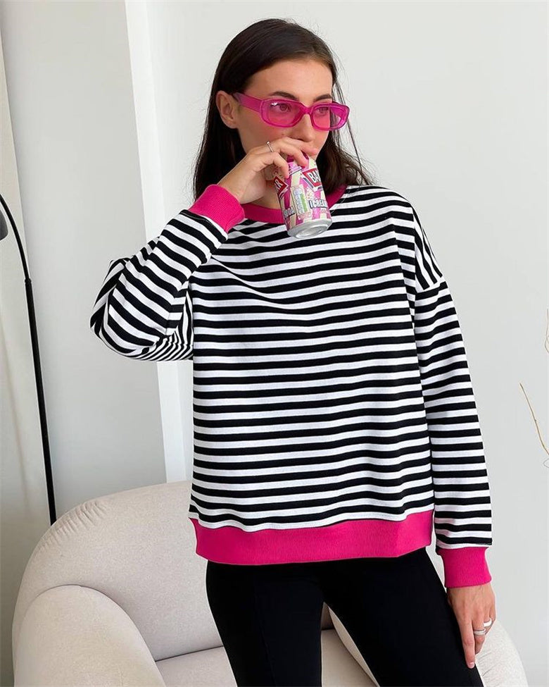 Simple Striped Color Contrast Long Sleeve T shirt Women Street Trendy Clothes Loose Fitting Casual round Neck Top Thin Sweatshirt