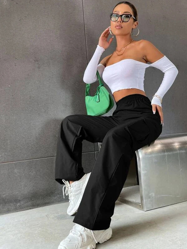 Women Clothing Autumn Best Solid Color High Waist Flip Pocket Overalls Women
