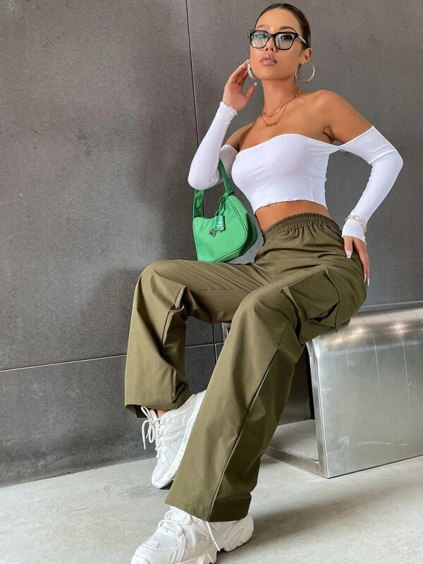 Women Clothing Autumn Best Solid Color High Waist Flip Pocket Overalls Women