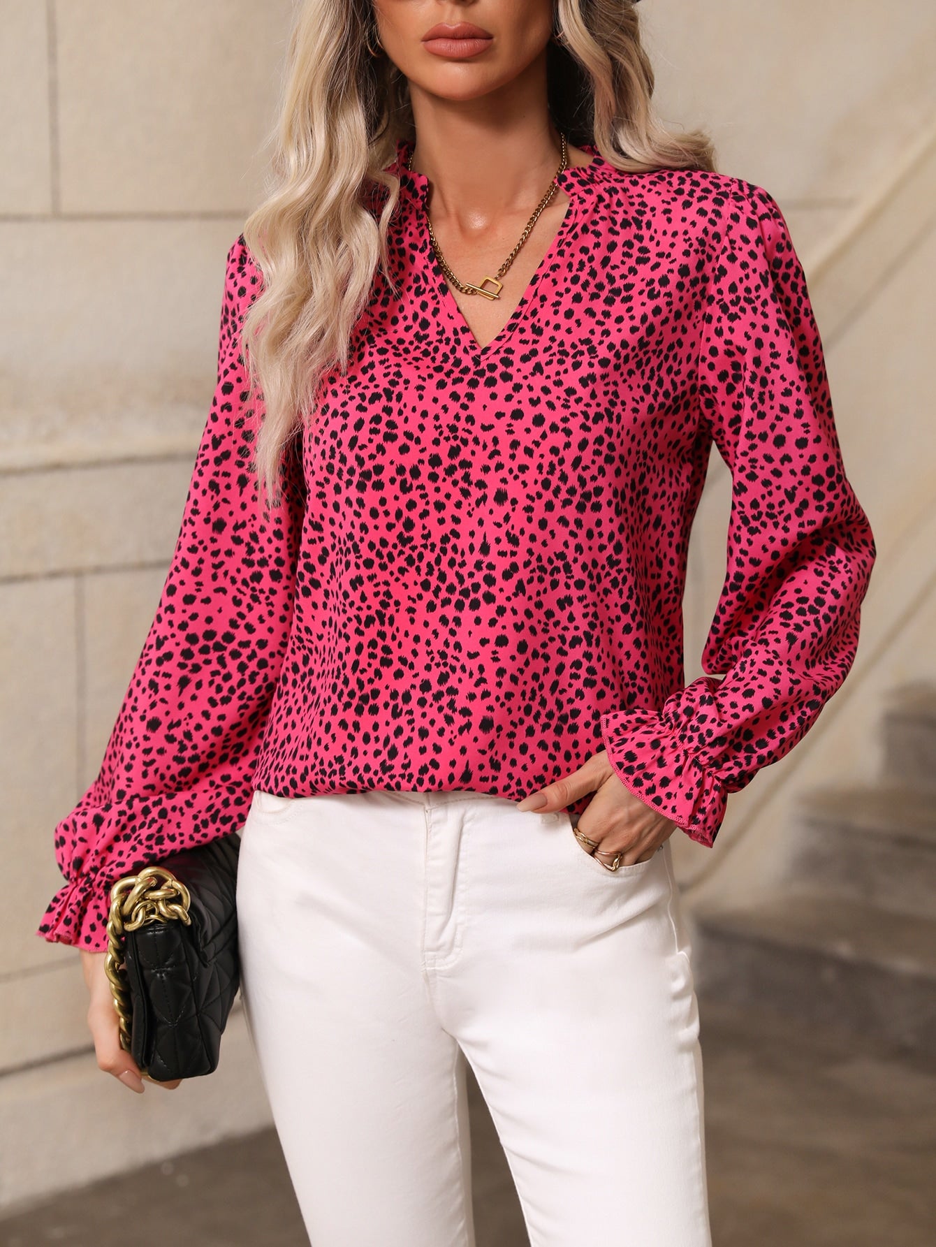Women Spring Autumn Leopard Print Stand Collar Ruffled Lantern Sleeve Shirt