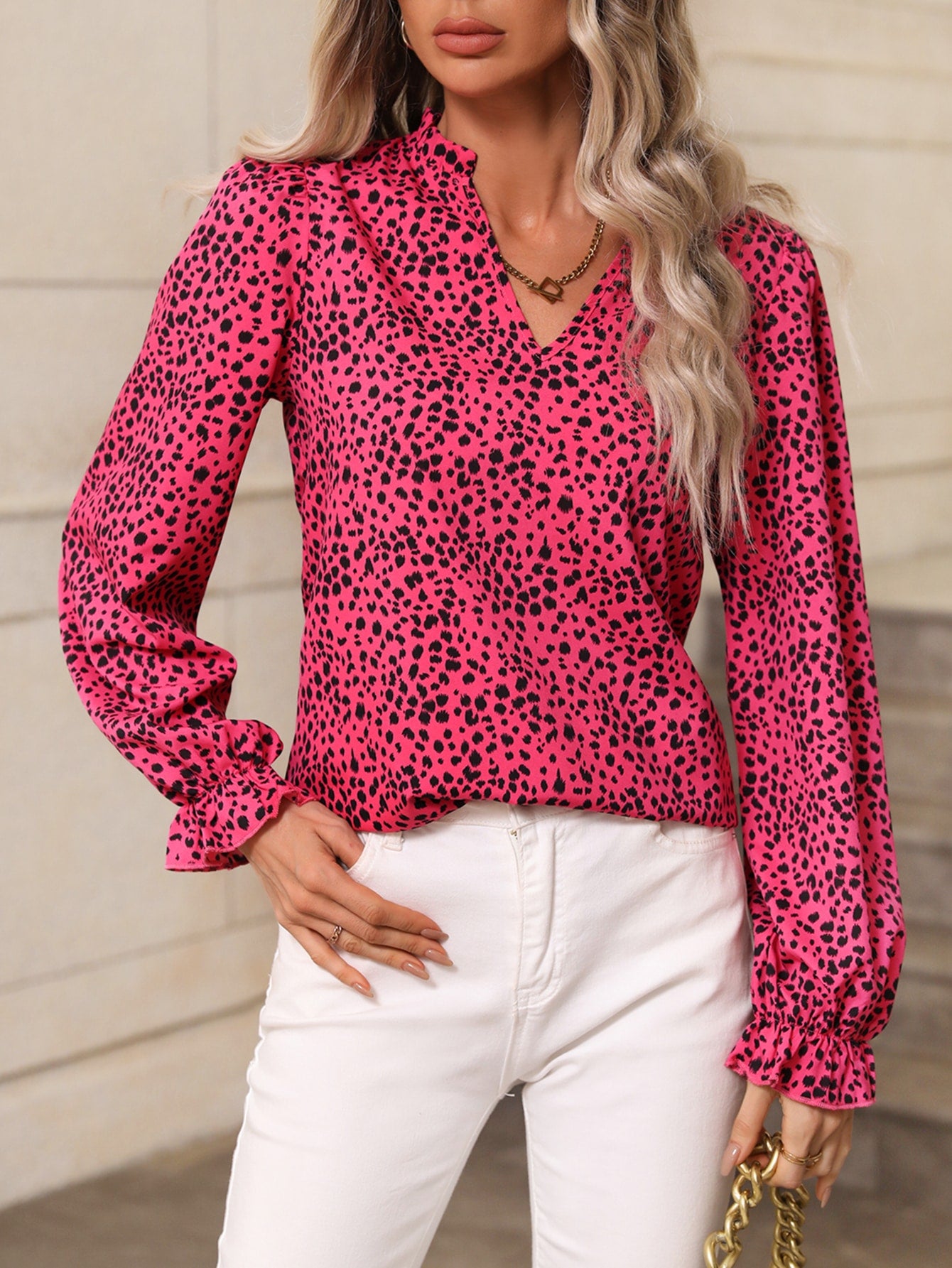Women Spring Autumn Leopard Print Stand Collar Ruffled Lantern Sleeve Shirt