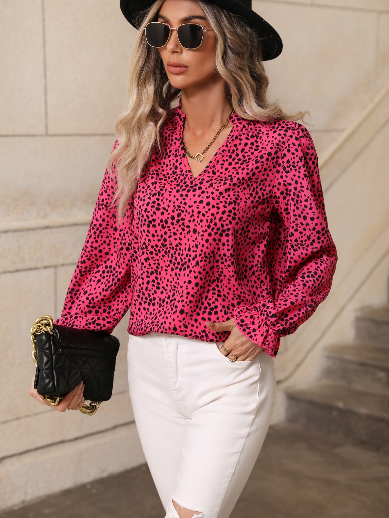 Women Spring Autumn Leopard Print Stand Collar Ruffled Lantern Sleeve Shirt