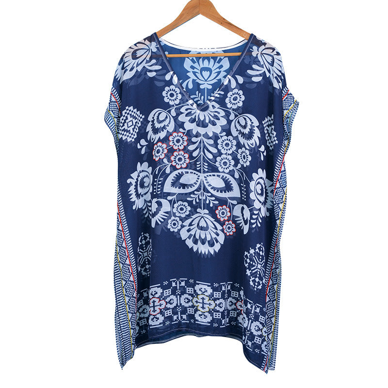 Navy Blue Positioning Floral Chiffon V neck Loose Beach Cover Up Beach Dress Swimwear Cover up Women Cover