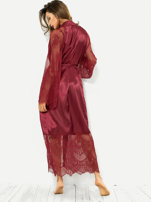 Hollow Out Cutout out satin lace Long Sleeve Nightgown Bathrobe