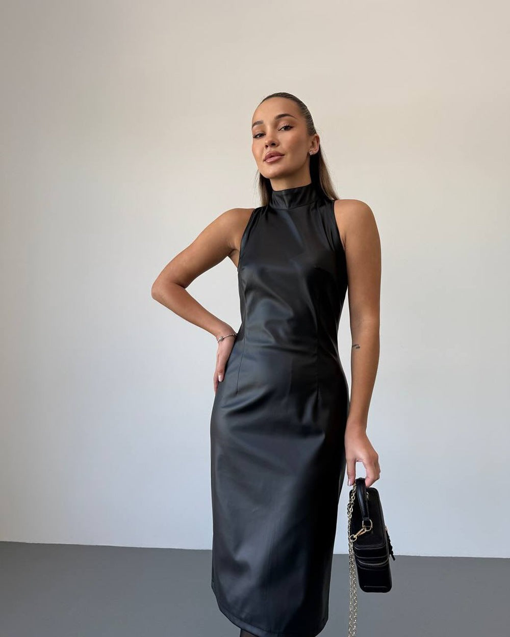 Women Clothing Sleeveless Stand Collar Split Dress Slim Solid Color Faux Leather Dress