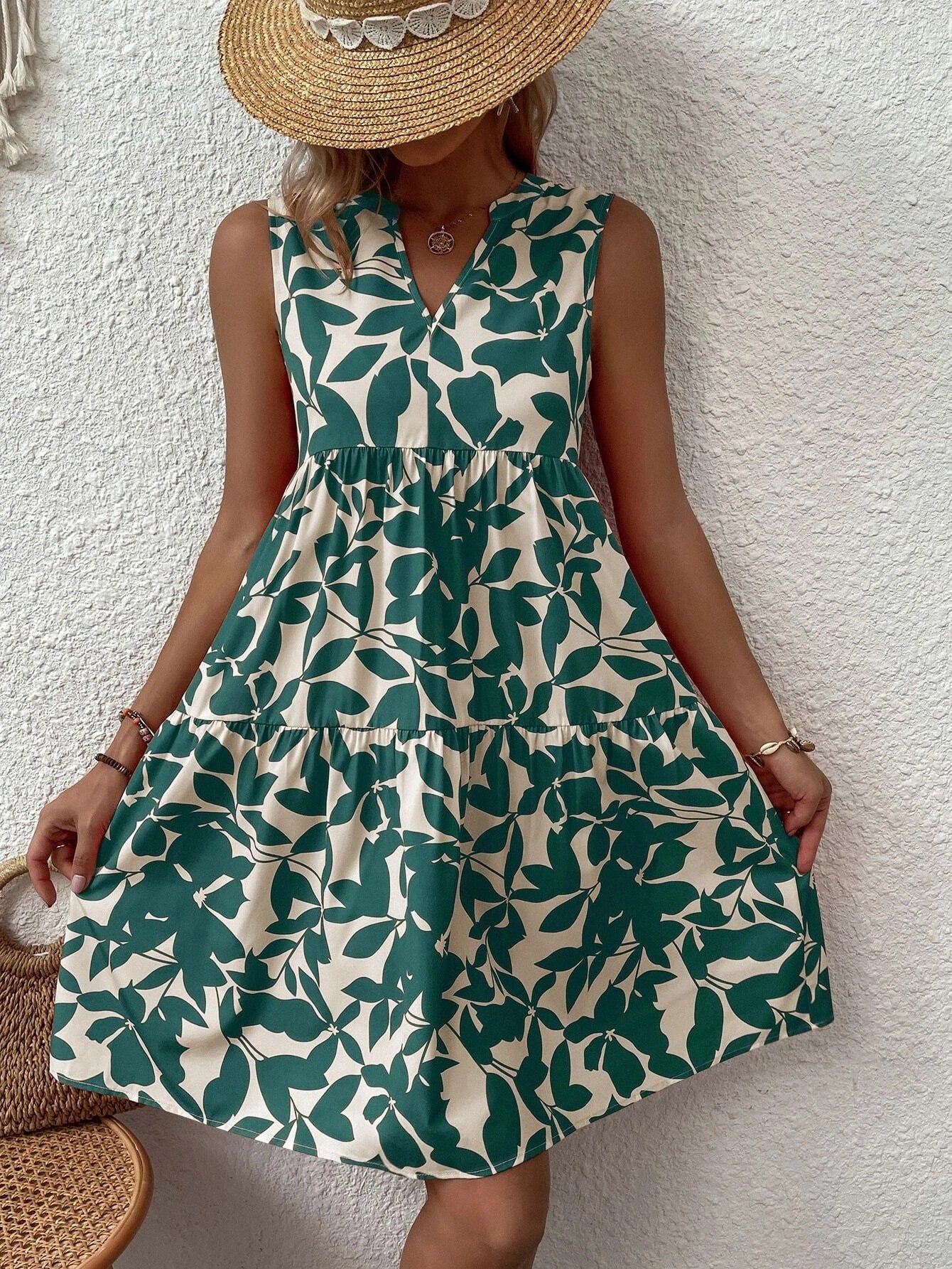 Women Bohemian Fashion Loose V neck Pleated Print Dress Women