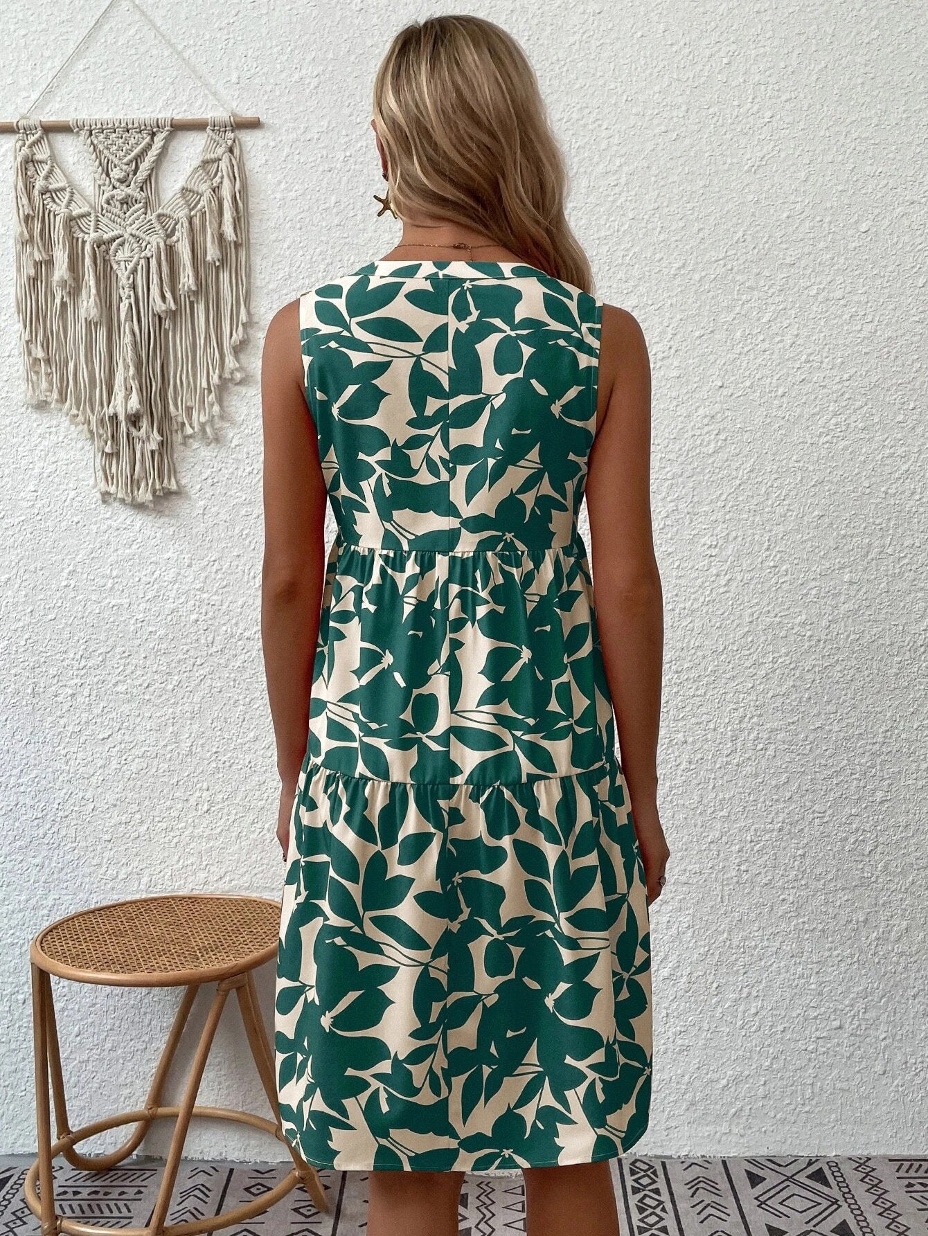 Women Bohemian Fashion Loose V neck Pleated Print Dress Women
