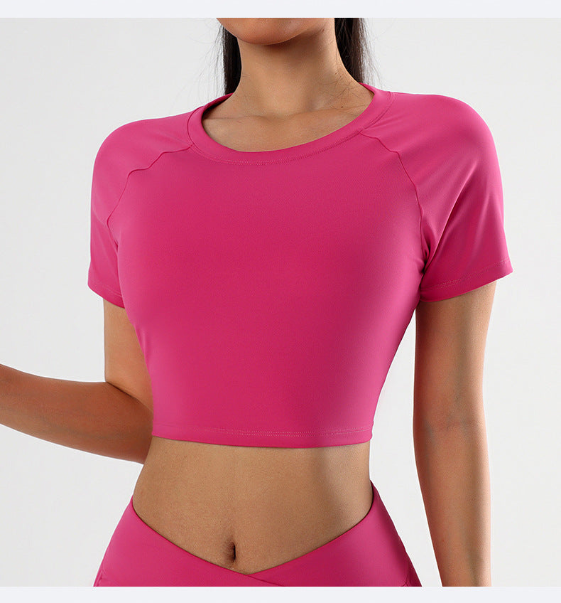 Summer round Neck Yoga T shirt Short Sleeve High Sense Sexy Tight Exposed Cropped Workout Running Top Sports Short Sleeve