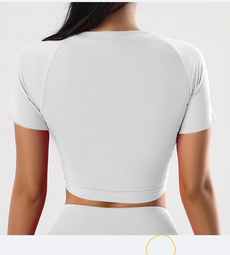 Summer round Neck Yoga T shirt Short Sleeve High Sense Sexy Tight Exposed Cropped Workout Running Top Sports Short Sleeve