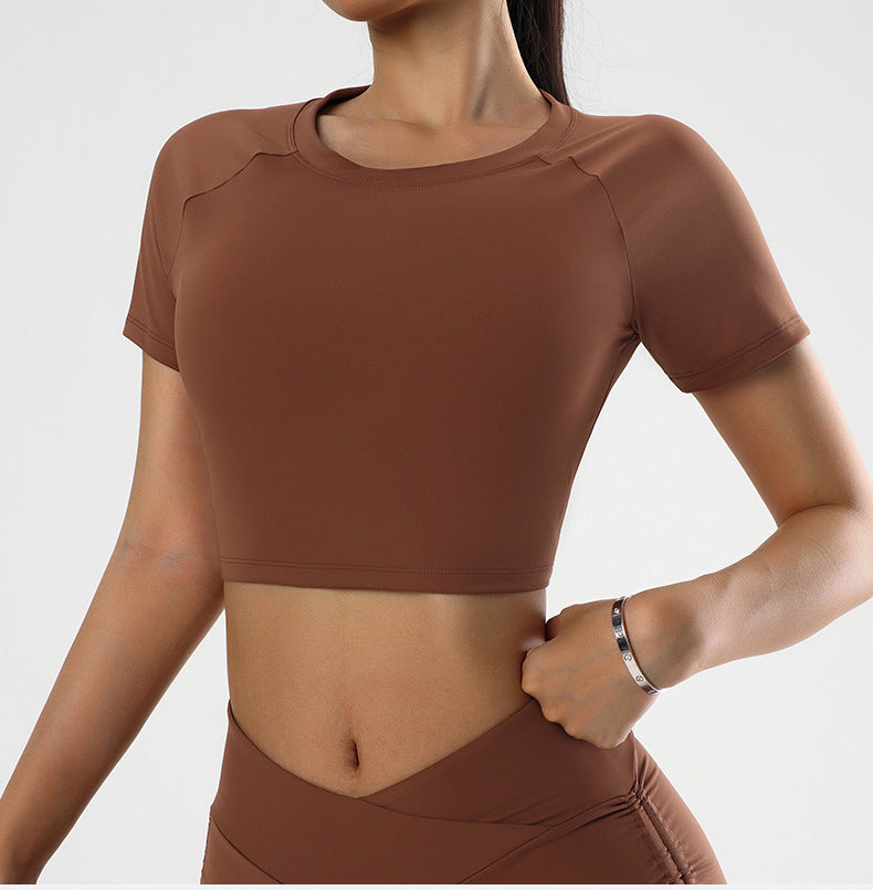 Summer round Neck Yoga T shirt Short Sleeve High Sense Sexy Tight Exposed Cropped Workout Running Top Sports Short Sleeve
