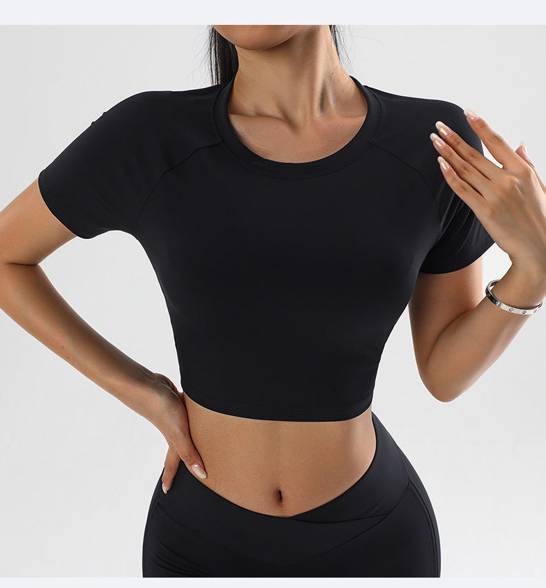 Summer round Neck Yoga T shirt Short Sleeve High Sense Sexy Tight Exposed Cropped Workout Running Top Sports Short Sleeve