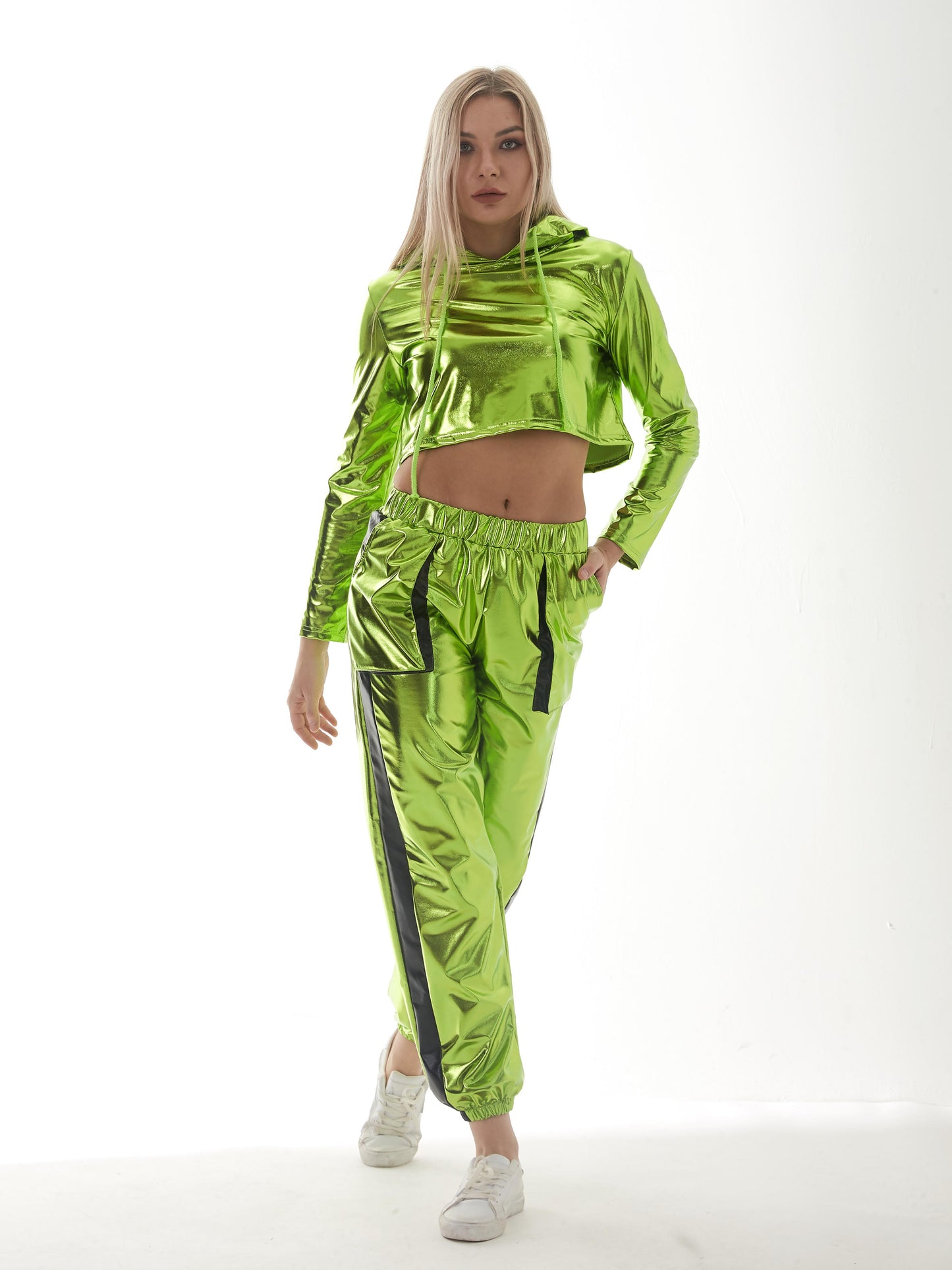 Bright Leather Sexy Cropped Long Sleeve Pullover Loose Short Hood Sweatshirt